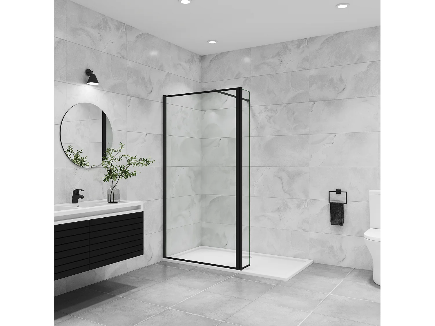 Inloopdouche-douchewand 120+40x200cm,8mm zwart raster gehard gezeefdrukt glas Easyclean,antikalk,stabilisatiestang 140cm (kan worden gesneden),mat zwart profiel