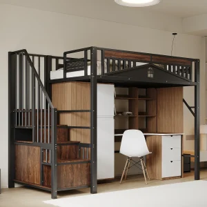 Hoogslaper 90 x 200 cm met opbergruimte – Metaal + Multiplex + MDF – Lattenbodem – Zwart Hoogslaper 90 x 200 cm met opbergruimte – Metaal + Multiplex + MDF – Lattenbodem – Zwart