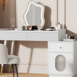 Kaptafel met spiegel en LED-verlichting – 2 lades en een uitneembare kast – Wit (kruk niet inbegrepen)
