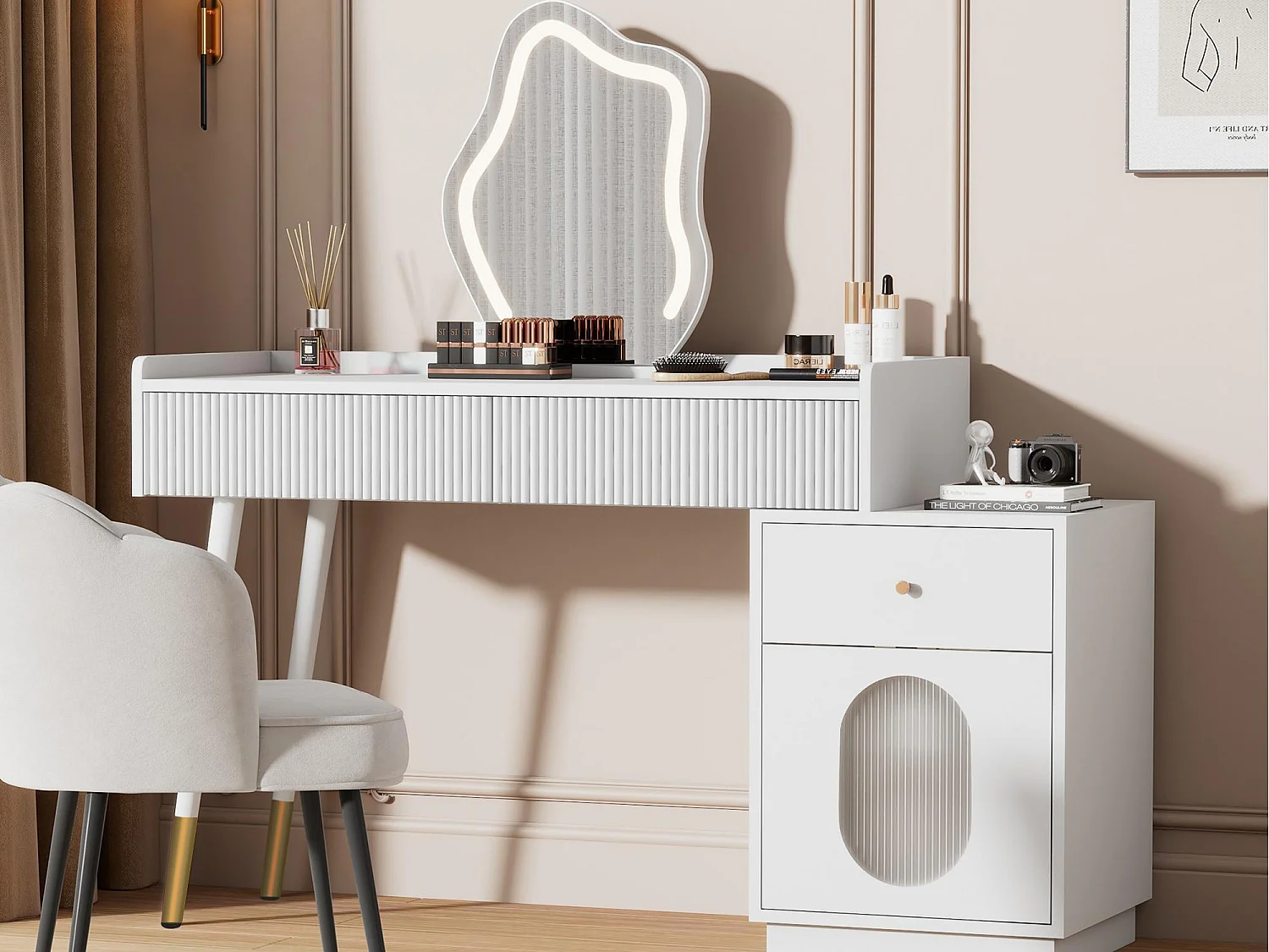 Kaptafel met spiegel en LED-verlichting - 2 lades en een uitneembare kast - Wit (kruk niet inbegrepen)