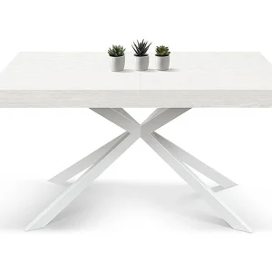 Houten tafel, witte afwerking, X-vormig onderstel van wit metaal, 180×90–260×90 – CAMAIORE Houten tafel, witte afwerking, X-vormig onderstel van wit metaal, 180×90–260×90 – CAMAIORE