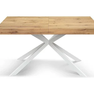 Houten tafel, eikenhouten afwerking, X-vormig onderstel van wit metaal, 180×90–260×90 – CAMAIORE Houten tafel, eikenhouten afwerking, X-vormig onderstel van wit metaal, 180×90–260×90 – CAMAIORE