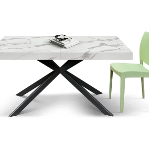 Houten tafel, witte afwerking en zwarte X poten, uitschuifbaar 140×90 – 220×90 – CAMAIORE Houten tafel, witte afwerking en zwarte X poten, uitschuifbaar 140×90 – 220×90 – CAMAIORE
