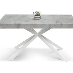 Houten tafel, grijze afwerking, X-onderstel van wit metaal, 180×90–260×90 – CAMAIORE Houten tafel, grijze afwerking, X-onderstel van wit metaal, 180×90–260×90 – CAMAIORE