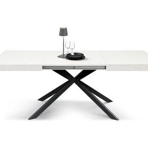 Houten tafel, witte afwerking, X-onderstel in antracietkleurig metaal, 180×90–260×90 – CAMAIORE Houten tafel, witte afwerking, X-onderstel in antracietkleurig metaal, 180×90–260×90 – CAMAIORE