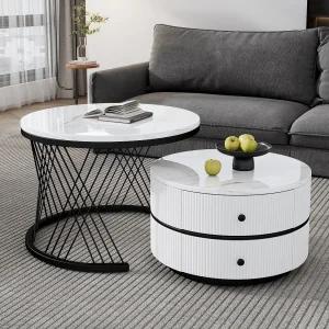 In elkaar passende salontafel in 2 delen, hoogwaardig MDF, glanzende marmeren afwerking, 2 lades, tot 30 kg, (60 x 60 x 46 cm en 50 x 50 x 31 cm)