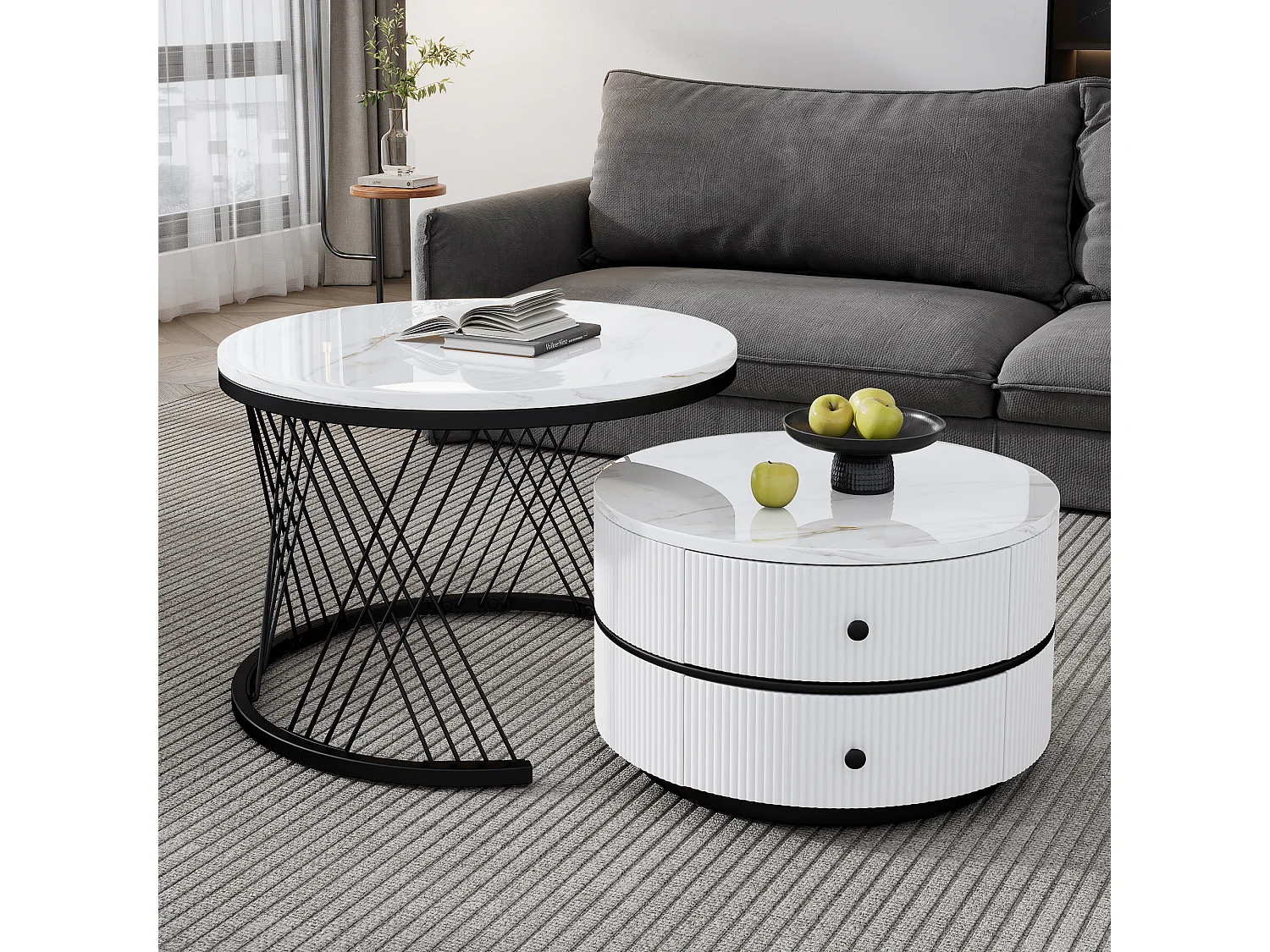 In elkaar passende salontafel in 2 delen, hoogwaardig MDF, glanzende marmeren afwerking, 2 lades, tot 30 kg, (60 x 60 x 46 cm en 50 x 50 x 31 cm)