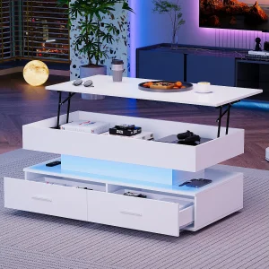 Hydraulische salontafel met hoogteverstelling, LED, 2 lades, open opbergruimte, wit (100 x 50 x 44 cm) Hydraulische salontafel met hoogteverstelling, LED, 2 lades, open opbergruimte, wit (100 x 50 x 44 cm)