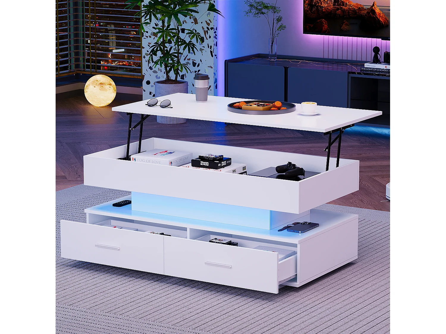 Hydraulische salontafel met hoogteverstelling, LED, 2 lades, open opbergruimte, wit (100 x 50 x 44 cm)