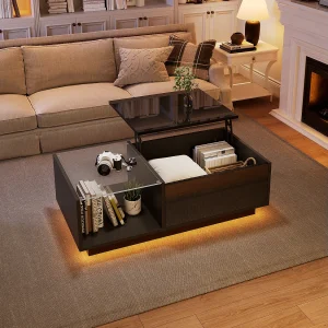 In hoogte verstelbare LED-salontafel, spaanplaat, zwart, met geïntegreerde opbergruimte (100x50x33-46,5cm) In hoogte verstelbare LED-salontafel, spaanplaat, zwart, met geïntegreerde opbergruimte (100x50x33-46,5cm)