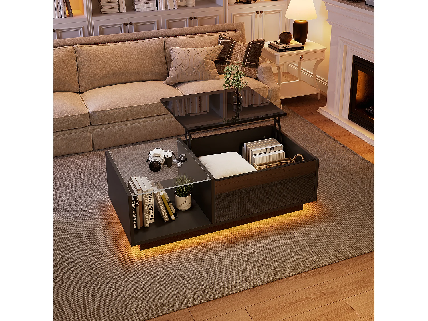 In hoogte verstelbare LED-salontafel, spaanplaat, zwart, met geïntegreerde opbergruimte (100x50x33-46,5cm)
