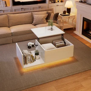 In hoogte verstelbare salontafel met LED, spaanplaat, wit, geïntegreerde opbergruimte en aanpasbare verlichting (100x50x33-46,5cm) In hoogte verstelbare salontafel met LED, spaanplaat, wit, geïntegreerde opbergruimte en aanpasbare verlichting (100x50x33-46,5cm)