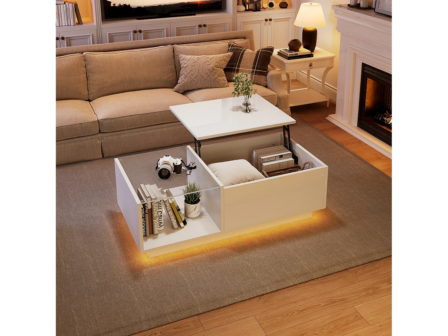In hoogte verstelbare salontafel met LED, spaanplaat, wit, geïntegreerde opbergruimte en aanpasbare verlichting (100x50x33-46,5cm)