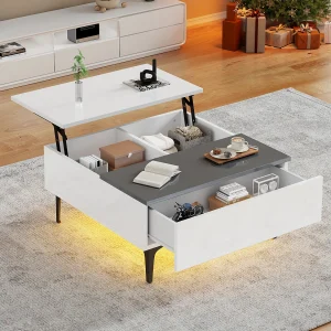 In hoogte verstelbare salontafel, modern design met verborgen opbergruimte en LED, hoogglans wit MDF (70x70x35cm) In hoogte verstelbare salontafel, modern design met verborgen opbergruimte en LED, hoogglans wit MDF (70x70x35cm)