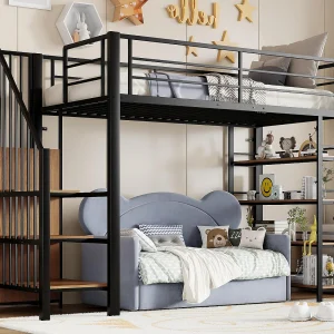 Hoogbed 90×200 cm – met veiligheidstrap – met kleine kast – met open planken – zwart Hoogbed 90×200 cm – met veiligheidstrap – met kleine kast – met open planken – zwart