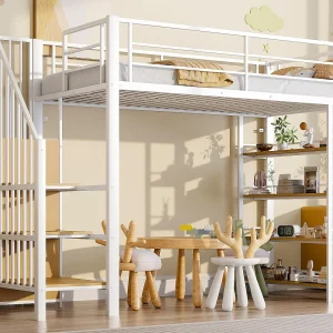 Hoogbed 90×200 cm – met veiligheidstrap – met kleine kast – met open planken – wit Hoogbed 90×200 cm – met veiligheidstrap – met kleine kast – met open planken – wit
