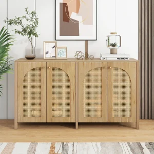Houtkleurige dressoir met 4 rotan deuren en verstelbare planken, metalen handgrepen, voor woonkamer en eetkamer Houtkleurige dressoir met 4 rotan deuren en verstelbare planken, metalen handgrepen, voor woonkamer en eetkamer