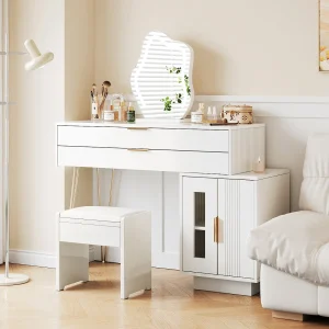 Kaptafel met LED-spiegel – 100 x 40 x 78 cm – met 2 lades + 2 deuren – zonder kruk – spaanplaat – wit