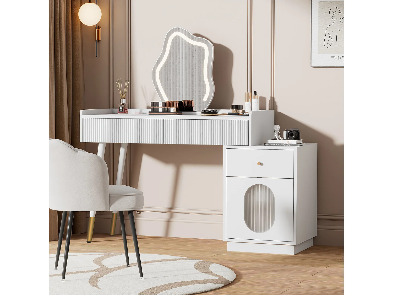 Kaptafel met LED-spiegel - 100 x 40 x 75 cm - met 3 laden + 1 deur - zonder kruk - spaanplaat - wit