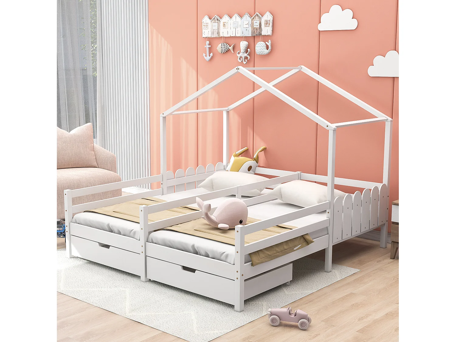 Huisbed met dak en rails, stapelbed met 2 lades van MDF, massief houten frame, wit (200x90cm)
