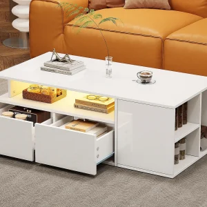 Hoogglans salontafel 100×50×35 cm – met LED-verlichting – 2 laden – 3 opbergvakken – wit Hoogglans salontafel 100×50×35 cm – met LED-verlichting – 2 laden – 3 opbergvakken – wit