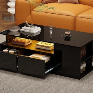 Hoogglans salontafel 100×50×35 cm – met LED-verlichting – 2 laden – 3 opbergvakken – zwart Hoogglans salontafel 100×50×35 cm – met LED-verlichting – 2 laden – 3 opbergvakken – zwart