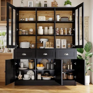 Hoge keukenkast – 140 x 38,5 x 175 cm – met 3 laden + 5 deuren – MDF – zwart