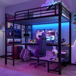Hoogslaper met geïntegreerd bureau, metalen frame, meerdere opbergruimtes, LED, USB+Type-C-aansluitingen, zwart (204x95x180 cm) Hoogslaper met geïntegreerd bureau, metalen frame, meerdere opbergruimtes, LED, USB+Type-C-aansluitingen, zwart (204x95x180 cm)