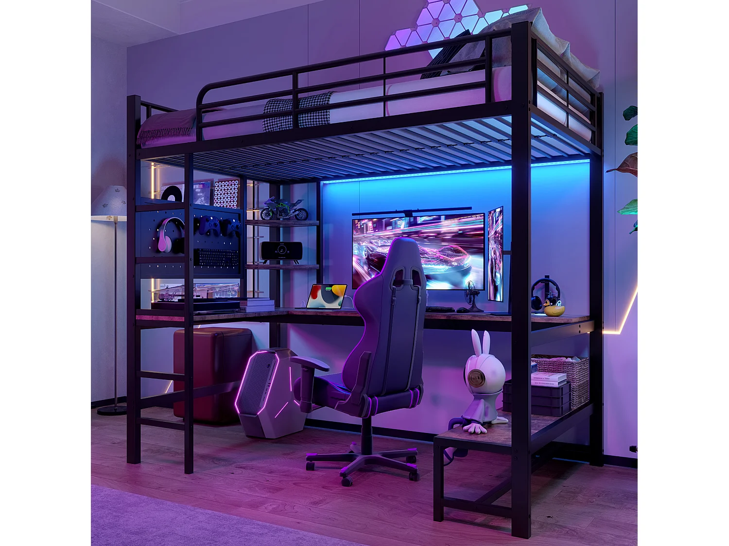 Hoogslaper met geïntegreerd bureau, metalen frame, meerdere opbergruimtes, LED, USB+Type-C-aansluitingen, zwart (204x95x180 cm)