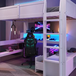 Hoogbed 140×200 cm – met bureau – met LED-verlichting – met 1 lade – met plank – wit (zonder matras) Hoogbed 140×200 cm – met bureau – met LED-verlichting – met 1 lade – met plank – wit (zonder matras)