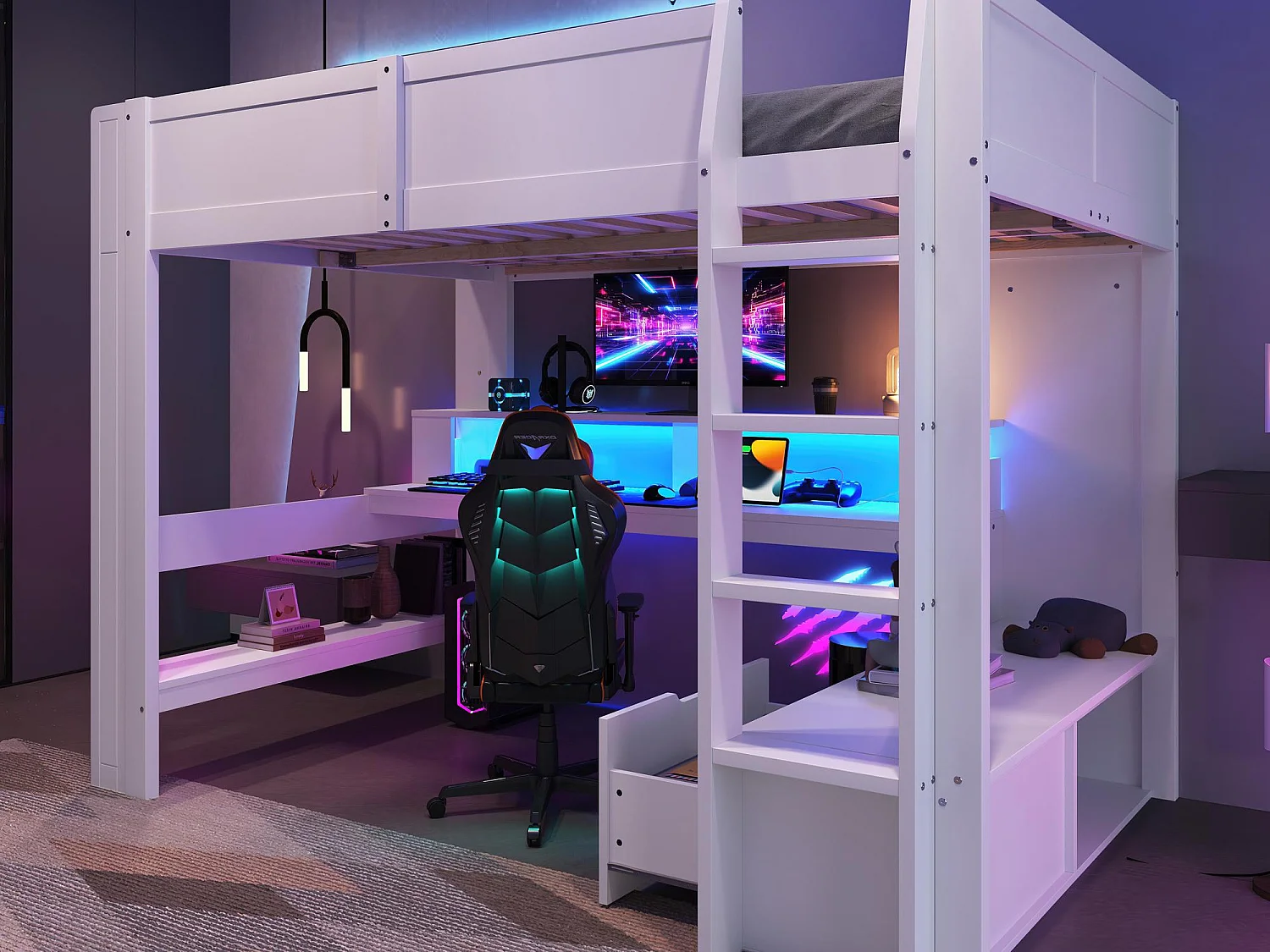 Hoogbed 140×200 cm - met bureau - met LED-verlichting - met 1 lade - met plank - wit (zonder matras)