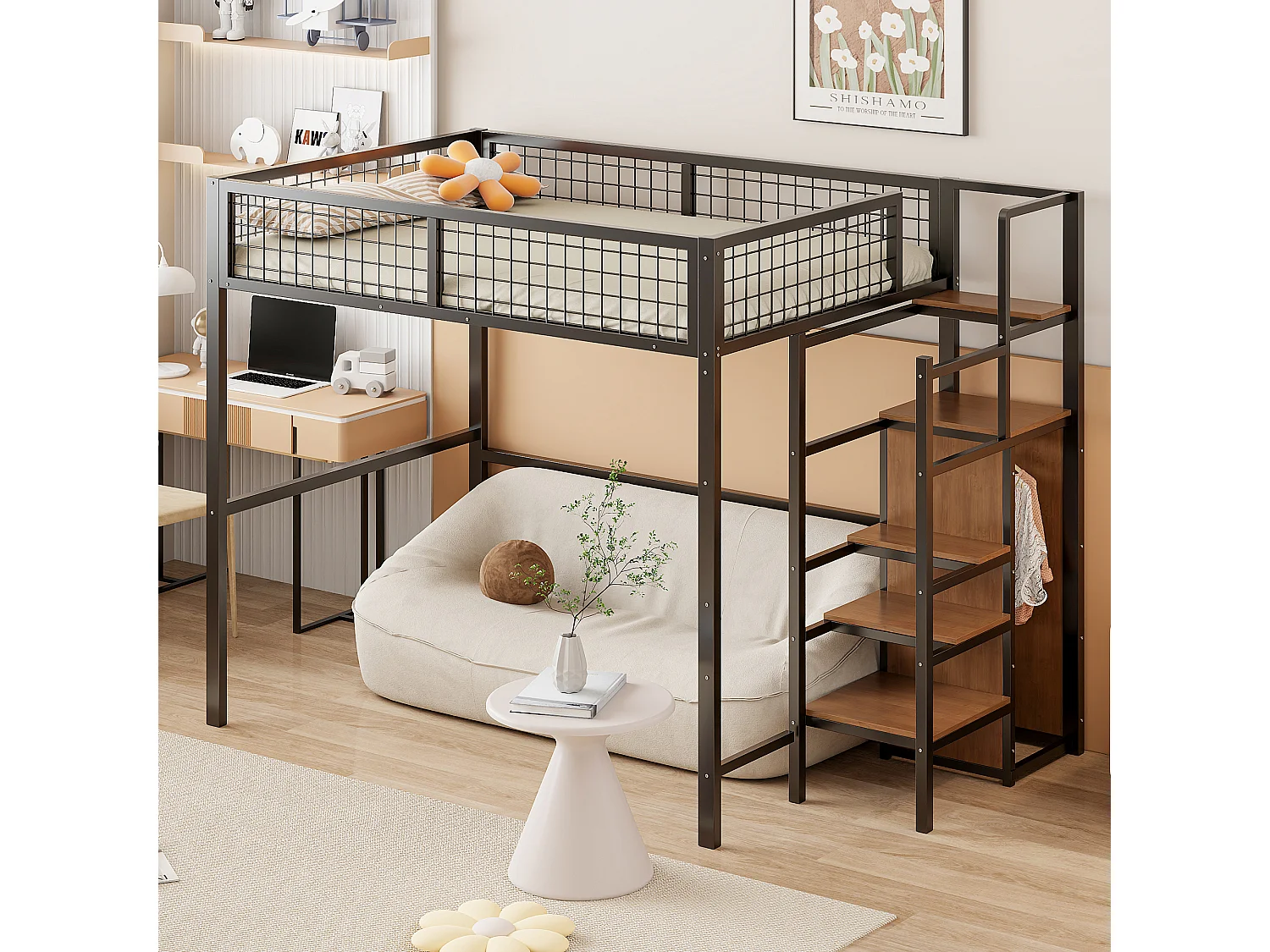 Hoogslaper 140x200 cm met ladder, kinderbed met metalen frame en opbergplank, kledingkast, zwart (249x145x180 cm)