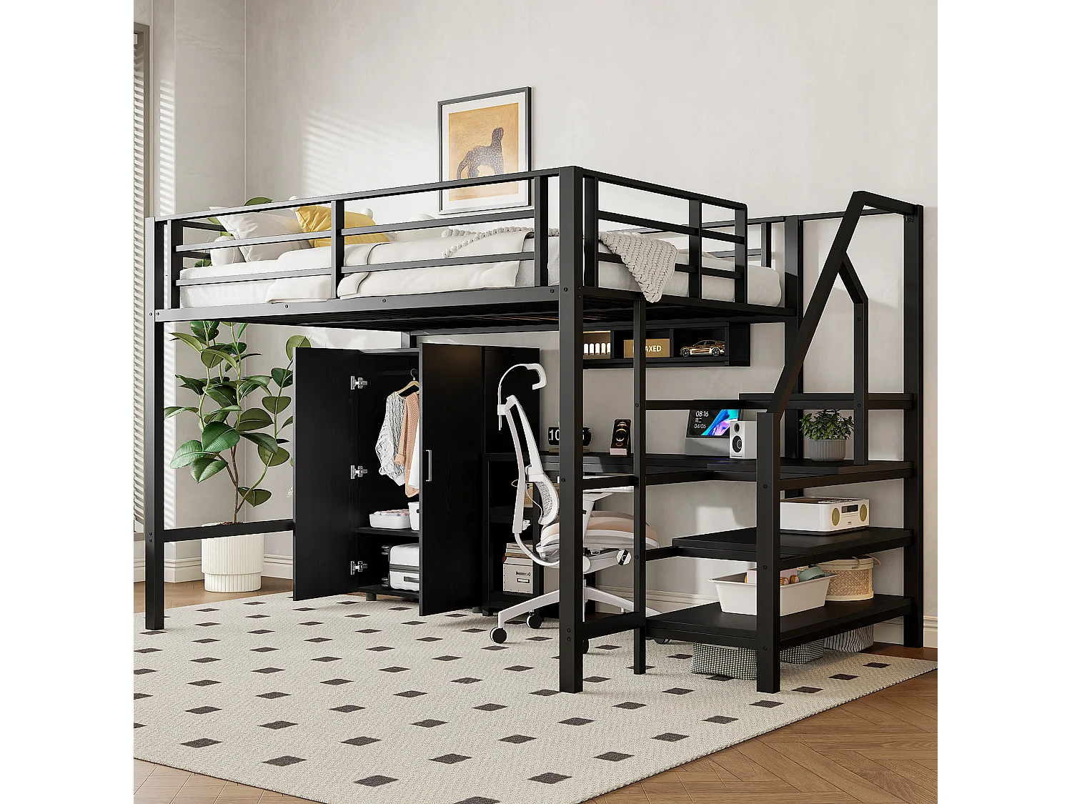 Hoogslaper, 140x200cm, bureau, kledingkast, 3 lades, open opbergruimte, ladder, zonder matras, zwart (255x145x160 cm)