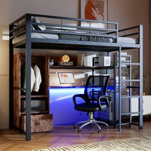 Hoogslaper met bureau, meerdere opbergruimtes, LED, USB+Type-C aansluiting, metalen en MDF frame, zwart (203×94,5×174 cm) Hoogslaper met bureau, meerdere opbergruimtes, LED, USB+Type-C aansluiting, metalen en MDF frame, zwart (203×94,5×174 cm)