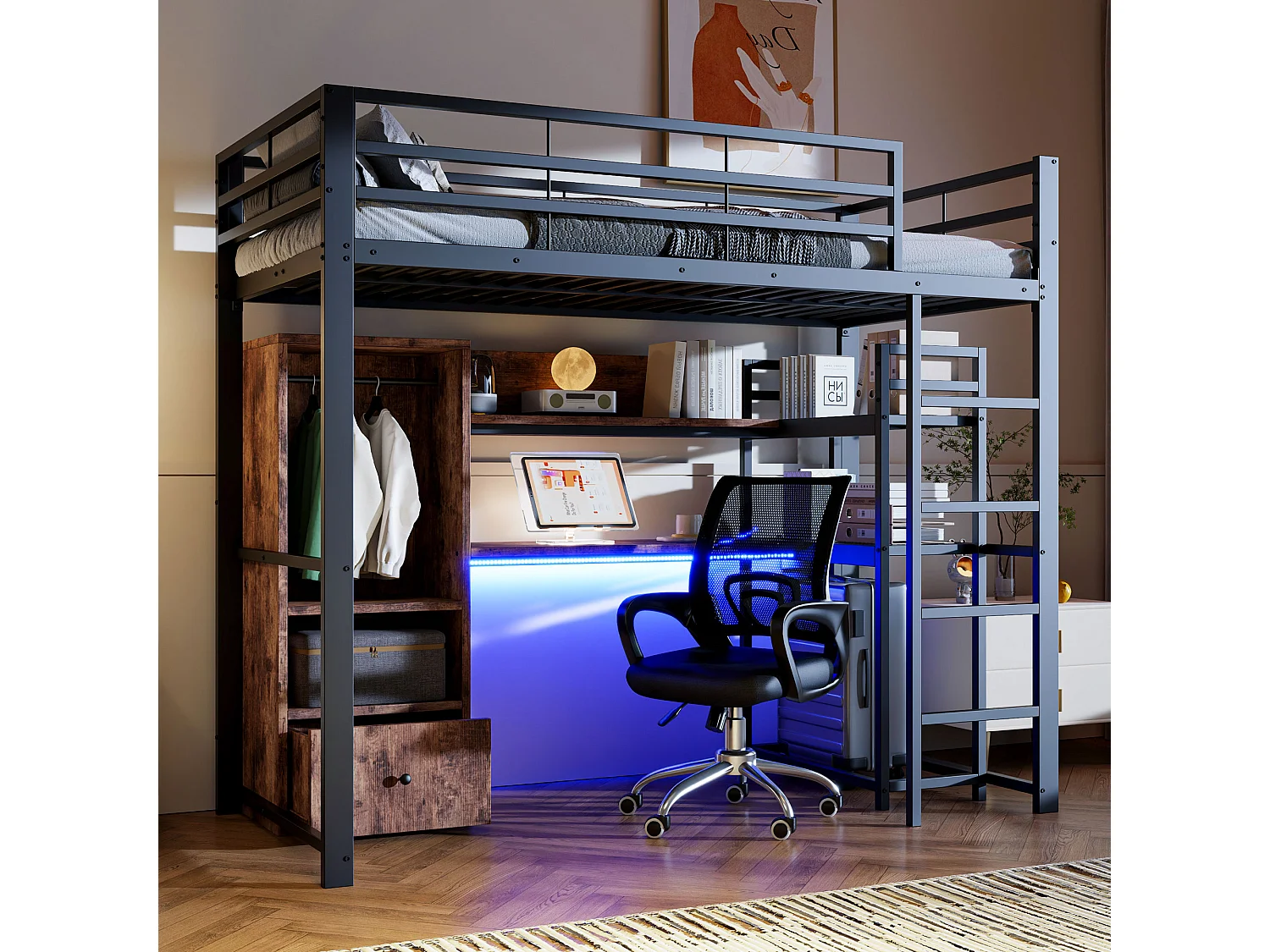 Hoogslaper met bureau, meerdere opbergruimtes, LED, USB+Type-C aansluiting, metalen en MDF frame, zwart (203x94,5x174 cm)