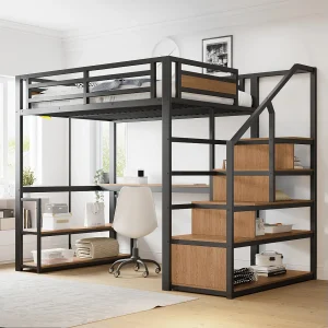 Hoogslaper 140×200 cm, met veiligheidsladder, planken en tafel, uitvoering met veiligheidshek, metalen frame, zwart (255x145x175 cm) Hoogslaper 140×200 cm, met veiligheidsladder, planken en tafel, uitvoering met veiligheidshek, metalen frame, zwart (255x145x175 cm)
