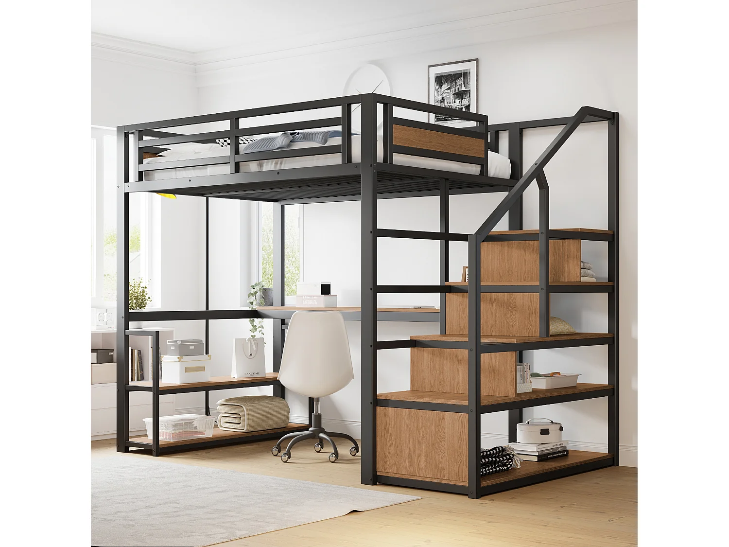 Hoogslaper 140x200 cm, met veiligheidsladder, planken en tafel, uitvoering met veiligheidshek, metalen frame, zwart (255x145x175 cm)