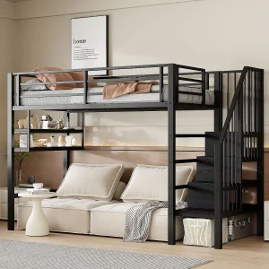 Hoogslaper 90 x 200 cm, met planken, opbergladder, vrije ruimte om te spelen, leuning, zonder matras (255x95x160 cm) Hoogslaper 90 x 200 cm, met planken, opbergladder, vrije ruimte om te spelen, leuning, zonder matras (255x95x160 cm)