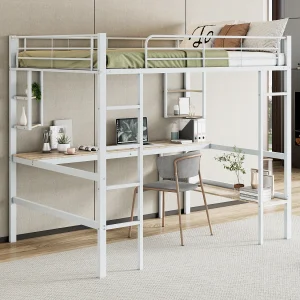 Hoogslaper, 140×200 cm, metalen frame met bureau en planken, wit (204x145x180 cm) Hoogslaper, 140×200 cm, metalen frame met bureau en planken, wit (204x145x180 cm)