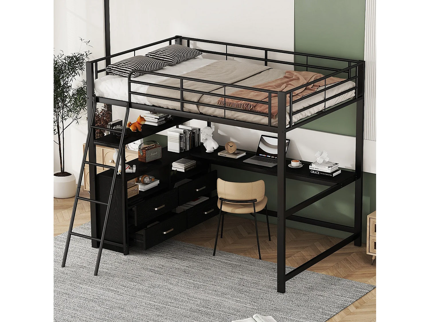 Hoogslaper 140x200 cm, metalen frame, met praktische lades, stijlvol L-vormig bureau, laminaatdesign, zwart (204x199x180 cm)