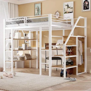 Hoogslaper 140×200 cm, 3-laags plank, bureau, kledingkast, veilige ladder, opbergruimte, metaal, wit (252×147,5×178,5 cm)