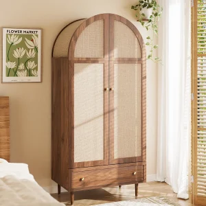 Hoge kast met deuren en lade – 79 x 50 x 175 cm – met kapstok + opbergruimte – MDF – naturel