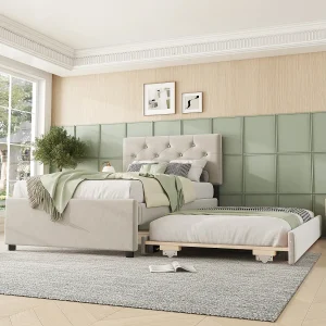 Hoogslaper, 90×200 cm, met lattenbodem, bed met rolcontainer, fluweel, minimalistisch, beige (209x105x104 cm) Hoogslaper, 90×200 cm, met lattenbodem, bed met rolcontainer, fluweel, minimalistisch, beige (209x105x104 cm)