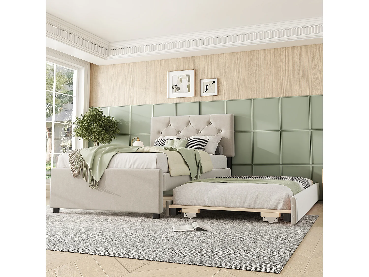 Hoogslaper, 90x200 cm, met lattenbodem, bed met rolcontainer, fluweel, minimalistisch, beige (209x105x104 cm)