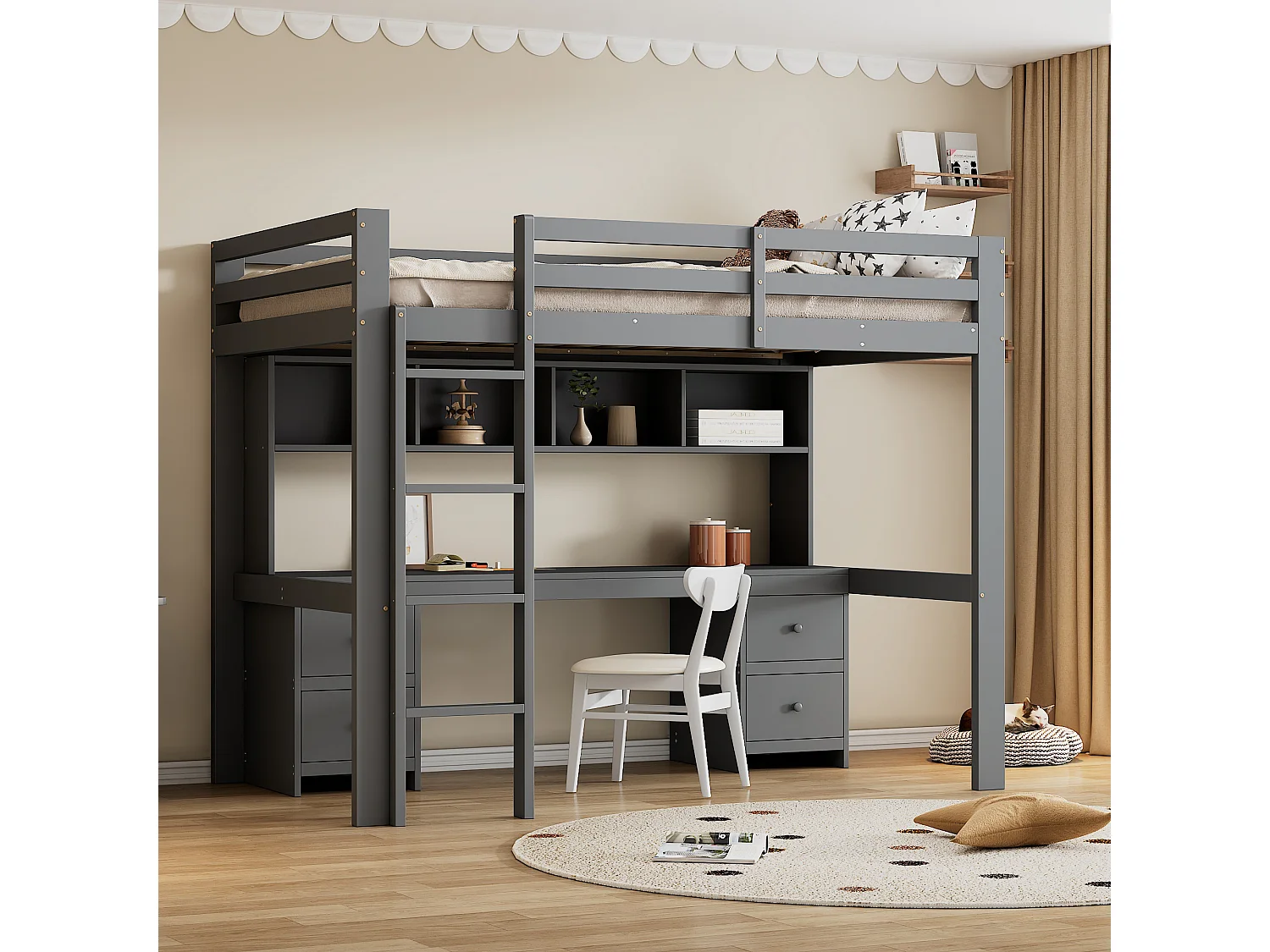 Hoogslaper 90x200cm, met bureau, veel opbergruimte, hoge leuning, stabiele ladder, grijs (204x97x167 cm)