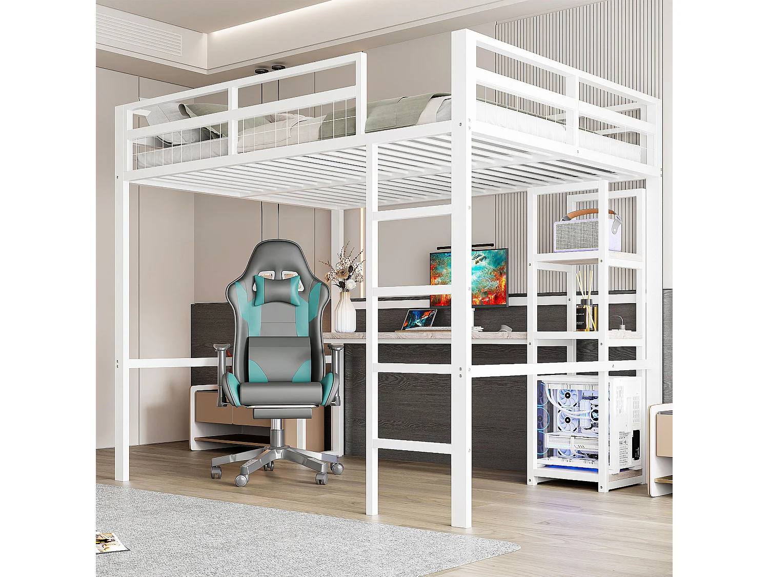 Hoogslaper 140x200 cm met bureau, planken, USB Type-C aansluiting, metalen frame, wit (204x144x180 cm)