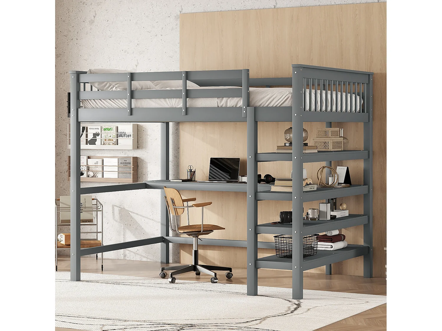 Hoogslaper 140x200 cm, Kinderbed met planken en geïntegreerd bureau, Zonder matras, Dennenhout, Grijs (207x149x169,5 cm)