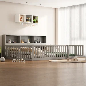 Hoogslaper 140×200 cm, Kinderbed met planken en geïntegreerd bureau, Zonder matras, Dennenhout, Grijs (207x149x169,5 cm)