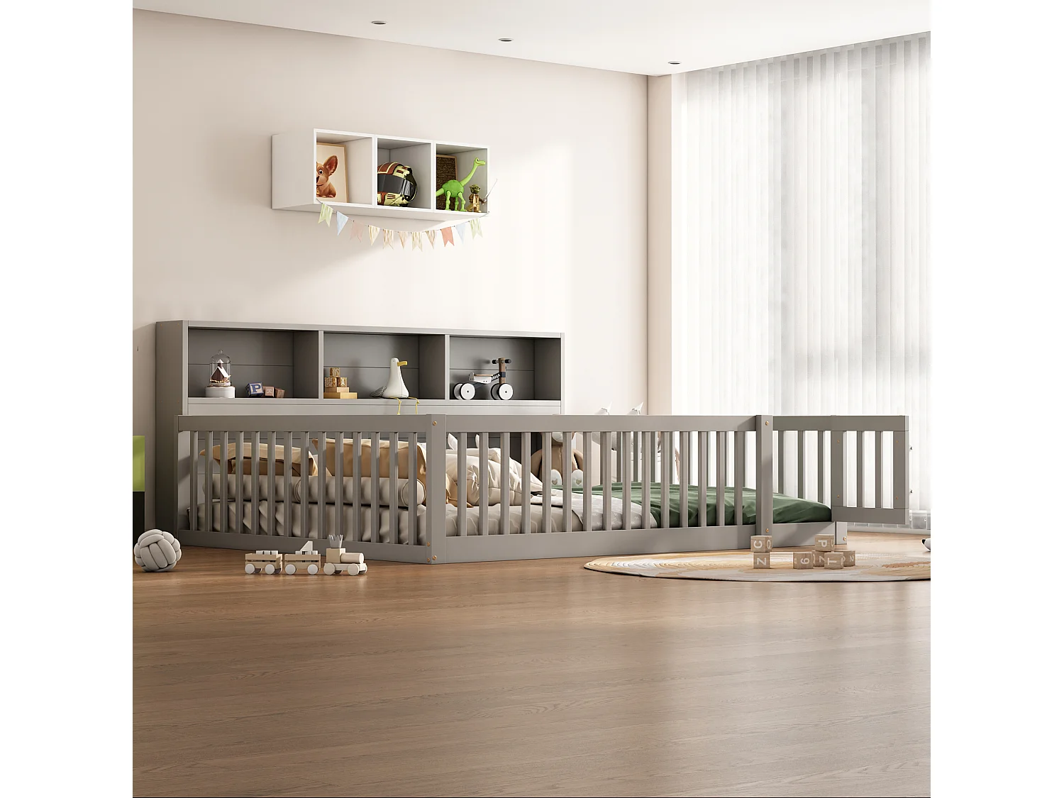 Hoogslaper 140x200 cm, Kinderbed met planken en geïntegreerd bureau, Zonder matras, Dennenhout, Grijs (207x149x169,5 cm)