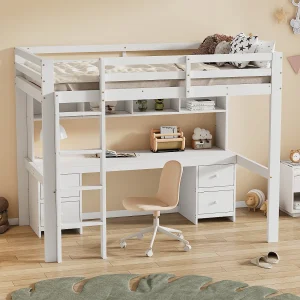 Hoogslaper 90x200cm, met bureau eronder, veel opbergruimte, hoge leuning, stabiele trap, wit (204x97x167 cm) Hoogslaper 90x200cm, met bureau eronder, veel opbergruimte, hoge leuning, stabiele trap, wit (204x97x167 cm)